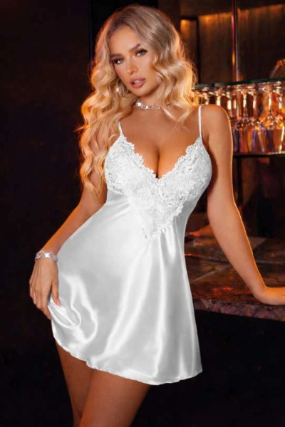 Beyaz Askılı Mini Dantelli Saten Kadın Gecelik Real Passione 2161
