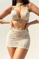 Beyaz Dantel İşlemeli Zincir Detaylı Fantezi Sütyen Takım Real Passione 70033 Beyaz