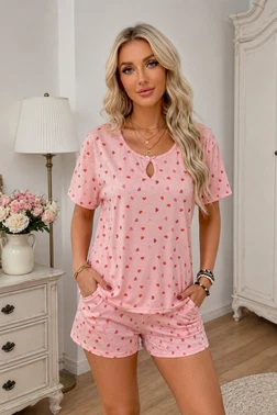 Beyaz Kısa Kollu Bisiklet Yaka Kalp Desenli Şortlu Pijama Takımı Bella Notte 7625 - Alternatif Görünüm