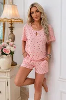 Beyaz Kısa Kollu Bisiklet Yaka Kalp Desenli Şortlu Pijama Takımı Bella Notte 7625 Pembe görsel 4