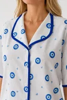 Beyaz Nazar Boncuğu ve Kalp Desenli Biye Detaylı Şortlu Pijama Takımı Bella Notte 79353 Beyaz farklı açı