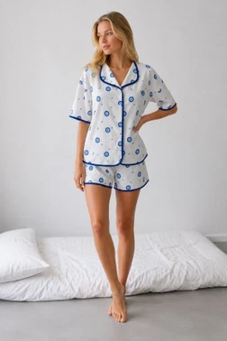 Beyaz Nazar Boncuğu ve Kalp Desenli Biye Detaylı Şortlu Pijama Takımı Bella Notte 79353