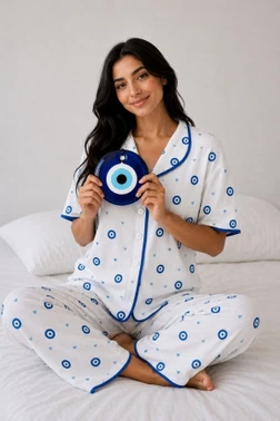 Beyaz Nazar Boncuğu ve Kalp Desenli Kısa Kollu Pijama Takımı Bella Notte 61281