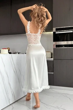 Beyaz Peluş Askılı Saten Gecelik Real Passione 22008 - Alternatif Görünüm