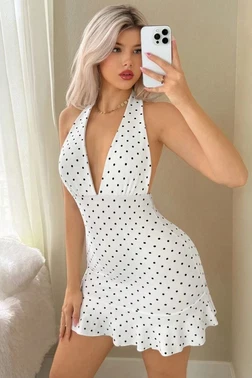 Beleng Beyaz Puantileri Dekolteli Kadın Elbise Beleng 7507