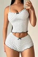 Beyaz Puantiyeli Fırfırlı Şortlu Pijama Takımı - Siyah Fiyonk Detaylı Beleng 2317 Görsel