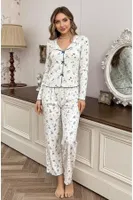 Beyaz Uzun Kollu Mavi Çiçek Desenli Fiyonk Süslemeli Dantel Detaylı V Yaka Pijama Takımı Bella Notte 77497 Beyaz görsel 4