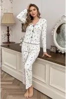 Beyaz Uzun Kollu Mavi Çiçek Desenli Fiyonk Süslemeli Dantel Detaylı V Yaka Pijama Takımı Bella Notte 77497 Beyaz farklı açı