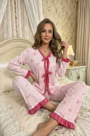Beyaz Uzun Kollu Zarif Siyah Biyeli Bağlama Detaylı Monogram Desenli Lüks Ev Şıklığı Pijama Takımı Bella Notte 77489