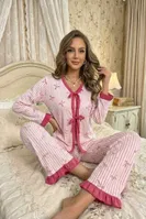 Beyaz Uzun Kollu Zarif Siyah Biyeli Bağlama Detaylı Monogram Desenli Lüks Ev Şıklığı Pijama Takımı Bella Notte 77489 Beyaz