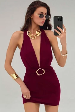 Ruselin Bordo Aksesuar Detaylı Boyundan Bağlamalı Tasarım Elbise Ruselin 5140 - Alternatif Görünüm