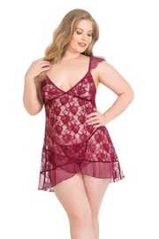 Ahu Lingerie Bordo Büyük Beden Kısa Tül Gecelik Ahu Primoda 3035