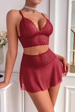 Bordo Dantelli İnce Askılı Kemerli Fantezi Takım Feel Lady F216