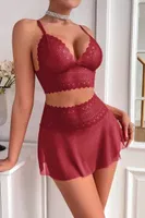 Bordo Dantelli İnce Askılı Kemerli Fantezi Takım Feel Lady F216 Bordo