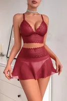 Bordo Dantelli İnce Askılı Kemerli Fantezi Takım Feel Lady F216 Bordo farklı açı