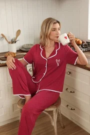 Bordo Düğme Ve Kalp Detaylı Kısa Kollu Pijama Takımı Bella Notte 77697