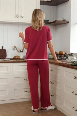 Bordo Düğme Ve Kalp Detaylı Kısa Kollu Pijama Takımı Bella Notte 77697 - Alternatif Görünüm