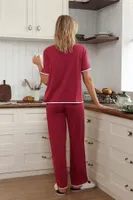 Bordo Düğme Ve Kalp Detaylı Kısa Kollu Pijama Takımı Bella Notte 77697 Bordo detay görünüm