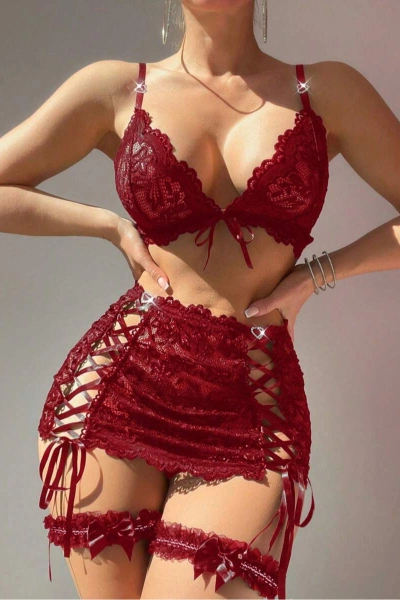 Bordo Kurdela Detaylı Dantelli Bacak Bantlı Kadın Etek Sütyen Takım Feel Lady F996