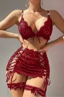 Bordo Kurdela Detaylı Dantelli Bacak Bantlı Kadın Etek Sütyen Takım Feel Lady F996 Bordo