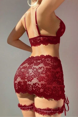 Bordo Kurdela Detaylı Dantelli Bacak Bantlı Kadın Etek Sütyen Takım Feel Lady F996 - Alternatif Görünüm