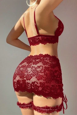 Real Passione Bordo Kurdela Örgülü Dantelli Bacak Bantlı Kadın Etek Sütyen Takım Real Passione 70027 - Alternatif Görünüm