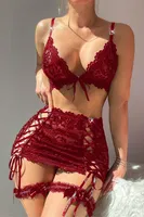 Bordo Kurdela Örgülü Dantelli Bacak Bantlı Kadın Etek Sütyen Takım Real Passione 70027 Bordo görsel 4