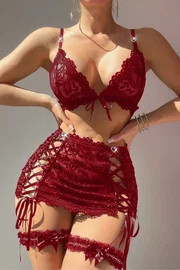 Real Passione Bordo Kurdela Örgülü Dantelli Bacak Bantlı Kadın Etek Sütyen Takım Real Passione 70027