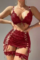 Bordo Kurdela Örgülü Dantelli Bacak Bantlı Kadın Etek Sütyen Takım Real Passione 70027 Bordo