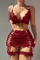 Bordo Kurdela Örgülü Dantelli Bacak Bantlı Kadın Etek Sütyen Takım Real Passione 70027 Bordo farklı açı