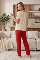 Bordo Minimal Kalp Ve Düğme Detaylı Kısa Kollu Pamuklu Rahat Kadın Çift Pijaması Bella Notte CP-7587 Bordo farklı açı