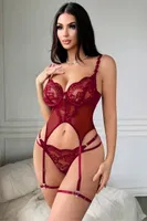 Bordo Transparan Tül ve Dantel Detaylı Jartiyer Takımı Real Passione 7133 Bordo farklı açı