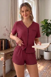 Bordo V Yaka Kısa Kollu Şortlu Pijama Takımı Bella Notte 79019