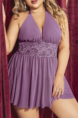Boyundan Bağlamalı Dantelli Lila Büyük Beden Babydoll Gecelik Pink Night 6702
