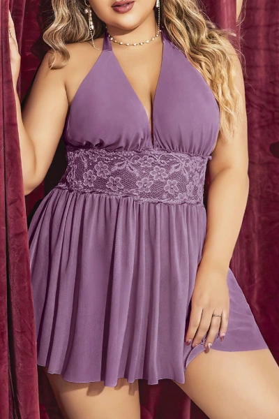 Boyundan Bağlamalı Dantelli Lila Büyük Beden Babydoll Gecelik Pink Night 6702