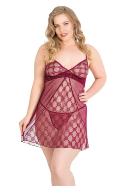Ahu Lingerie Büyük Beden Bordo Kısa Tül Gecelik Ahu Primoda 3022