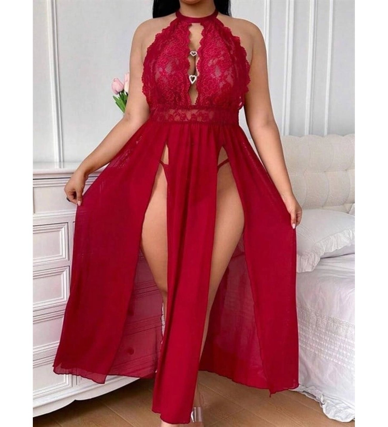 Büyük Beden Çift Yırtmaçlı Dantelli Kırmızı Uzun Gecelik Feel Lady BB002