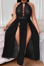Büyük Beden Çift Yırtmaçlı Dantelli Siyah Uzun Gecelik Feel Lady F-229