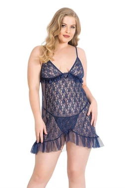 Büyük Beden Lacivert Kısa Tül Gecelik Ahu Lingerie Primoda 3025