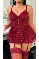 Büyük Beden Puantiyeli Fantezi Jartiyer Takım Lily Bianca LB-330 Bordo