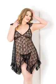 Ahu Lingerie Büyük Beden Siyah Kısa Tül Gecelik Ahu Primoda 3021