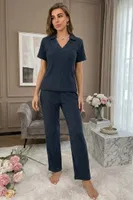Buz Mavisi Uzun Kollu Polo Yaka Yumuşak Dokulu Şık Pijama Takımı Bella Notte 77537 Buz Mavisi görsel 4