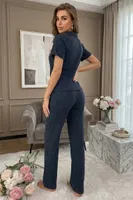 Buz Mavisi Uzun Kollu Polo Yaka Yumuşak Dokulu Şık Pijama Takımı Bella Notte 77537 Buz Mavisi görsel 6