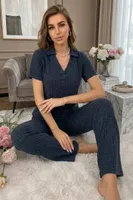 Buz Mavisi Uzun Kollu Polo Yaka Yumuşak Dokulu Şık Pijama Takımı Bella Notte 77537 Buz Mavisi farklı açı