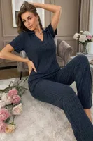 Buz Mavisi Uzun Kollu Polo Yaka Yumuşak Dokulu Şık Pijama Takımı Bella Notte 77537 Buz Mavisi