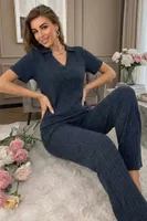 Buz Mavisi Uzun Kollu Polo Yaka Yumuşak Dokulu Şık Pijama Takımı Bella Notte 77537 Buz Mavisi detay görünüm