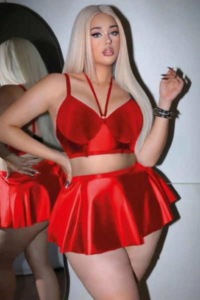 Büyük Beden Lame Suni Deri Etekli Fantazi İç Giyim Takımı Real Passione 40022