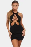 Çapraz Bağcıklı Damla Kesim Halter Yaka Siyah Mini Elbise For Dreams 8646 Siyah görsel 6