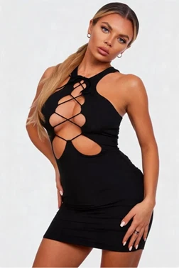 Çapraz Bağcıklı Damla Kesim Halter Yaka Siyah Mini Elbise For Dreams 8646