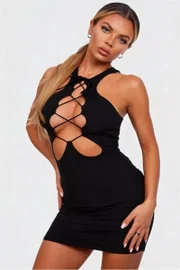 Çapraz Bağcıklı Damla Kesim Halter Yaka Siyah Mini Elbise For Dreams 8646